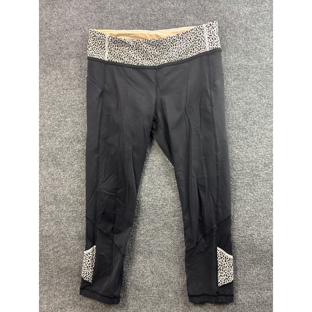 Lululemon Crop Leggings Womens 8 Black Cheetah Print Mesh Pockets Running Yoga